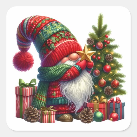 Cozy Christmas Gnome Art – Festive Holiday Vierkante Sticker (Voorkant)