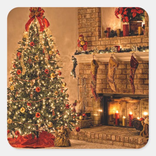 Cozy Chrsitmas Tree Room Vierkante Sticker (Voorkant)