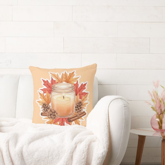 Cozy Fall Candle with Maple Leaves | Autumn Design Kussen (Bank)