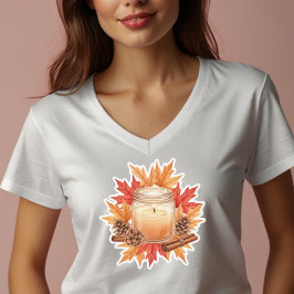Cozy Fall Candle with Maple Leaves | Autumn Design T-shirt
