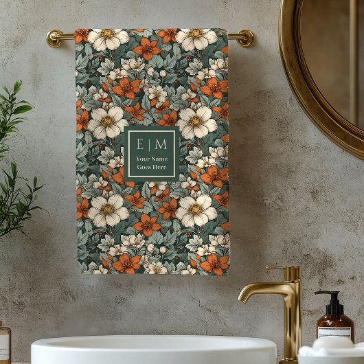 Cozy Fall Floral Sage Green Custom Name Bath Towel