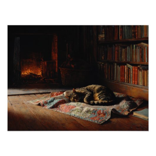 Cozy Fireplace Cat Library Scene Perfect Poster (Voorkant)