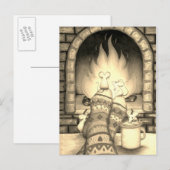Cozy Fireplace Mice on Socks Sepia Briefkaart (Voorkant / Achterkant)
