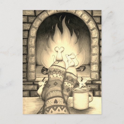 Cozy Fireplace Mice on Socks Sepia Briefkaart (Voorkant)