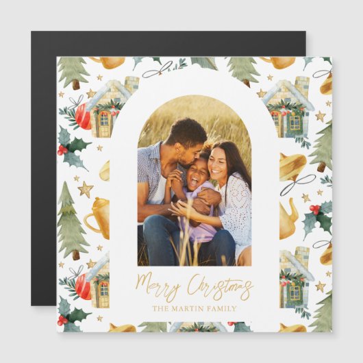 Cozy Holiday White Illustrated Print Photo Magnet (Voorkant / Achterkant)