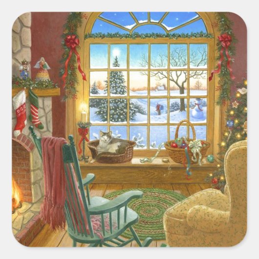 Cozy Kerstmis Living Room Vierkante Sticker (Voorkant)