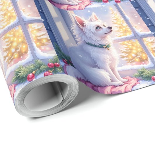 Cozy Maltese by Snowy Window Christmas Dog Art Cadeaupapier (Rol Hoek)