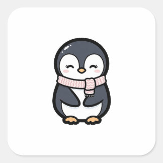 Cozy Penguin – Cute Kawaii Animal Illustration Vierkante Sticker