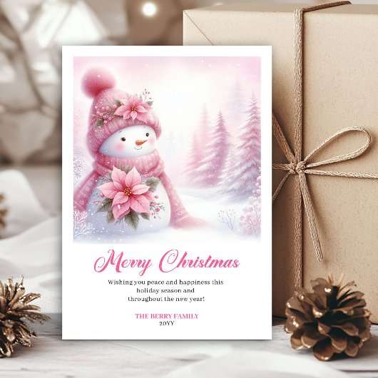Cozy pink snowman Christmas kids card instant down Feestdagenkaart