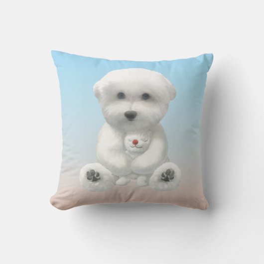 Cozy Plush Moment: Smiling Bichon Hugging Mini Pup Kussen (Voorkant)