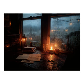 Cozy Rainy Window Candle Glow Scene Perfect Poster