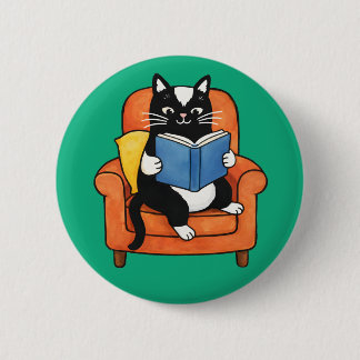 Cozy Reading Cat in Armchair Book lover Ronde Button 5,7 Cm
