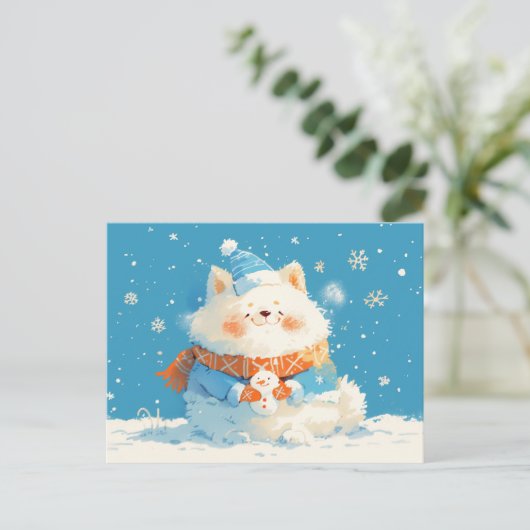 Cozy Samoyed Dog with Mini Snowman Feestdagenkaart (Staand voorkant)