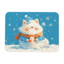 Cozy Samoyed Dog with Mini Snowman Magneet