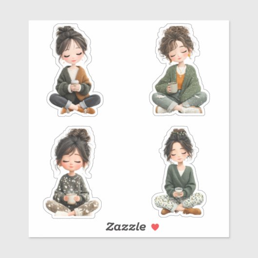 Cozy Sitting Chibi Girl Coffee Sticker Sheet (Feuille)