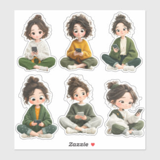 Cozy Sitting Chibi Girl Sticker Sheet 