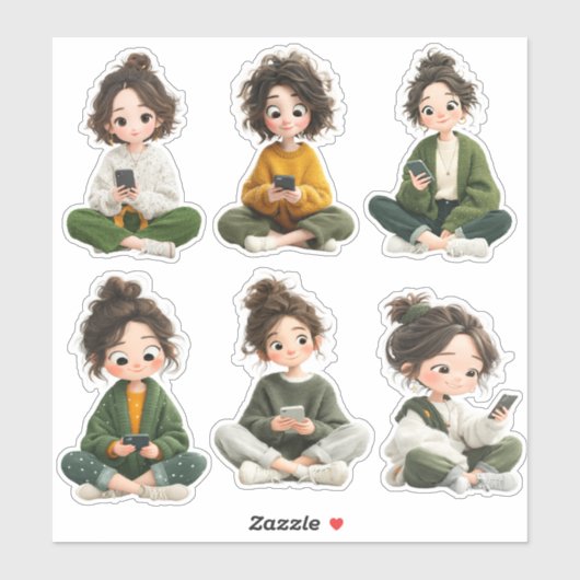 Cozy Sitting Chibi Girl Sticker Sheet  (Feuille)
