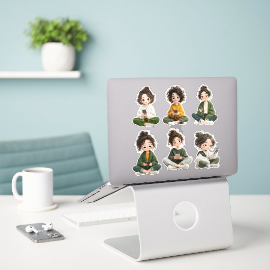 Cozy Sitting Chibi Girl Sticker Sheet  (Ordinateur portable sur le bureau)