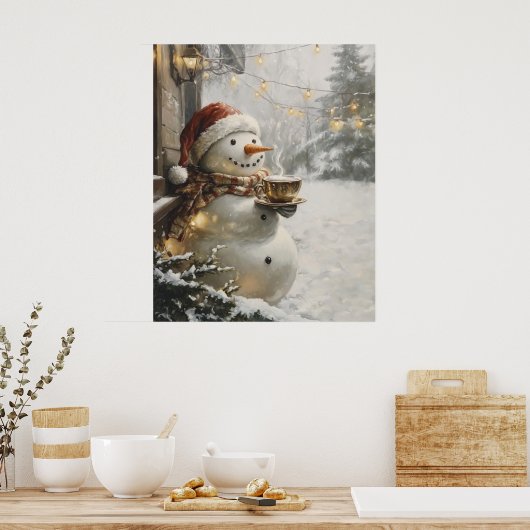 Cozy Snowman with Coffee Christmas Wall Art Poster (Keuken)