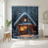 Cozy Snowy Cabin Christmas Winter Forest Douchegordijn