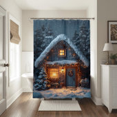 Cozy Snowy Cabin Christmas Winter Forest Douchegordijn