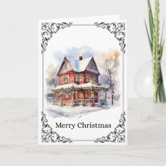 Cozy Snowy Victorian House – Merry Christmas Card Kaart