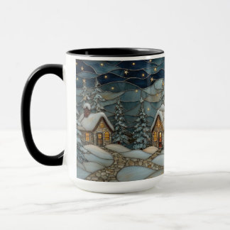 Cozy Stained Glass Snowy Village Holiday Mug