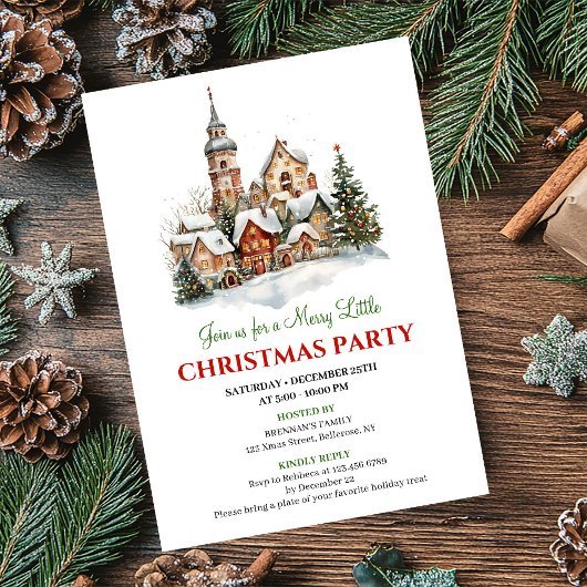 Cozy watercolor Christmas scene party invitation