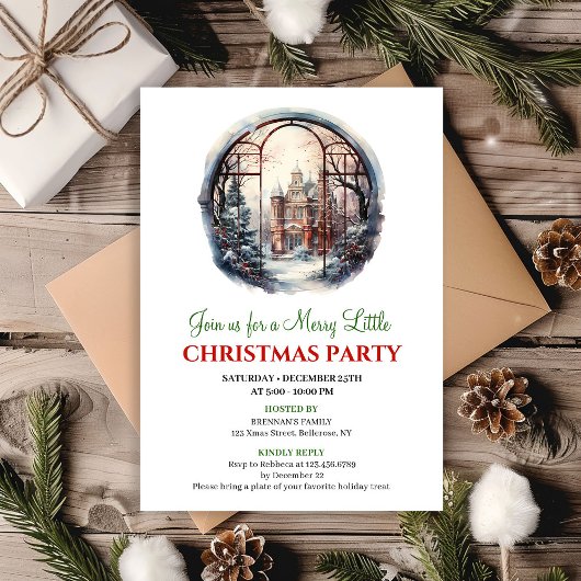 Cozy watercolor christmas scene party invitation