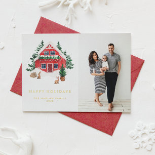 Cozy Waterverf Red Winter Cottage Prettige feestda Folie Feestdagenkaart