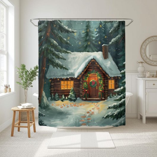 Cozy Winter Cabin in Forest Christmas Douchegordijn
