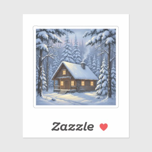 Cozy Winter Cabin in Snowy Forest Holiday Sticker (Vel)