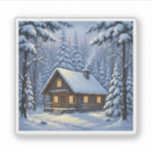 Cozy Winter Cabin in Snowy Forest Holiday Sticker (Voorkant)