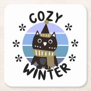 Cozy Winter, Cute Owl Vierkante Kartonnen Onderzetter