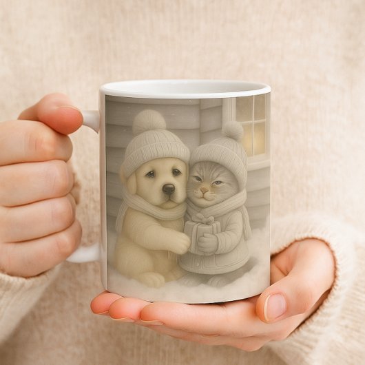 Cozy Winter Mug with Puppy and Kitten Illustration