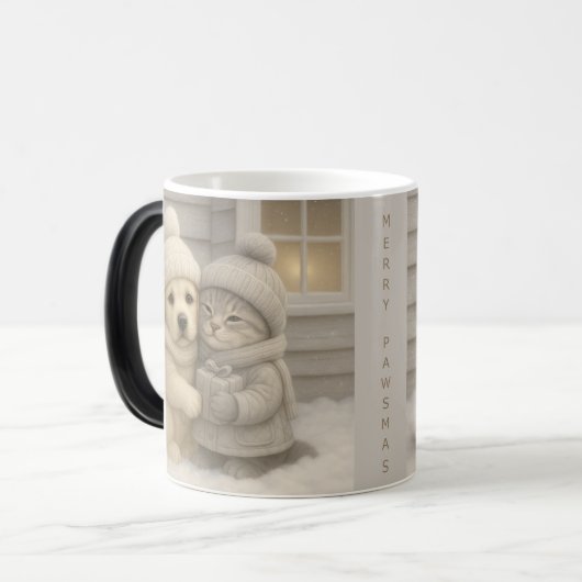 Cozy Winter Mug with Puppy and Kitten Illustration Magische Mok (Voorkant links)