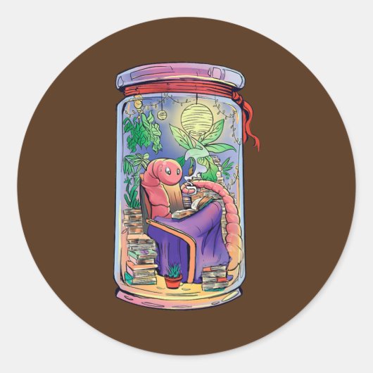 Cozy Worm Reading Books Jar Home Chill  Ronde Sticker (Voorkant)