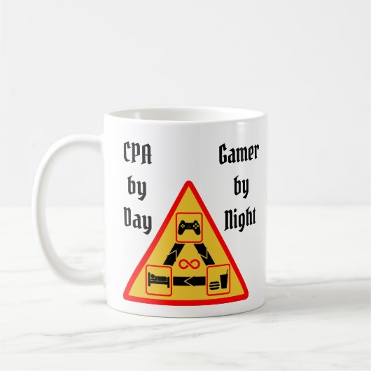 CPA overdag, gamer 's nachts Koffiemok (Links)