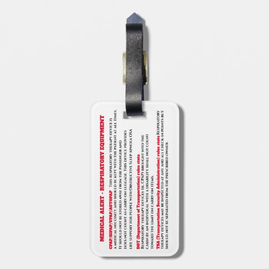 CPAP slaapapneu TSA medische waarschuwing Bagagelabel (Achterkant verticaal)
