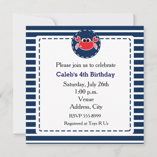 Crab Beach Navy frappe Nautical Party Invitation (Devant)