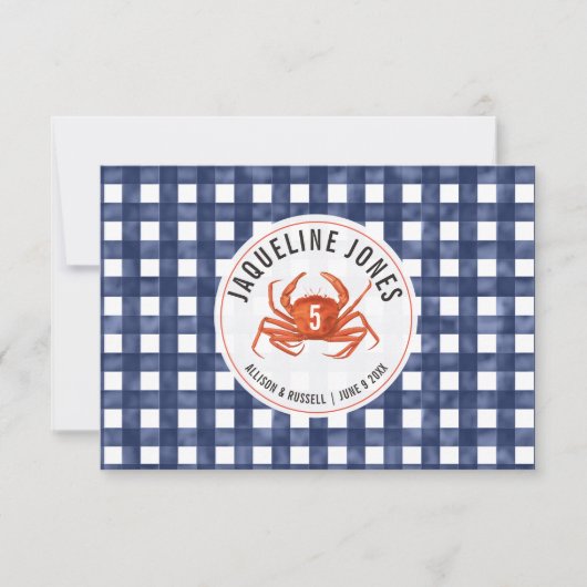 Crab Blue Gingham Wedding Place Card Flat Kaart (Voorkant)