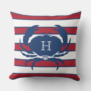 Crab Blue Navy Red White Nautical Modern Stripes Buitenkussen