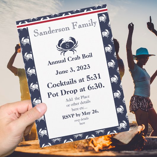 Crab Boil Invitation Red Navy Blue White Coastal P