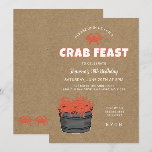 Crab Feast Birthday Party Invitation Kaart (Voorkant / Achterkant)