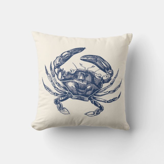  Crab Illustration Navy Blue op Cream Kussen (Voorkant)