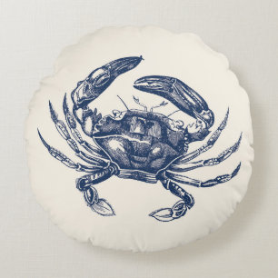 Crab Illustration Navy Blue op Cream Rond Kussen