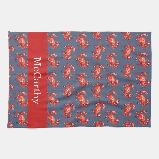 Crab Pattern Summer Beach Personalized Navy Theedoek (Horizontaal)