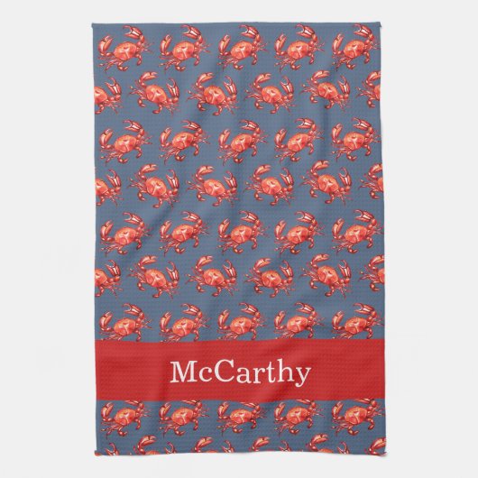 Crab Pattern Summer Beach Personalized Navy Theedoek (Verticaal)