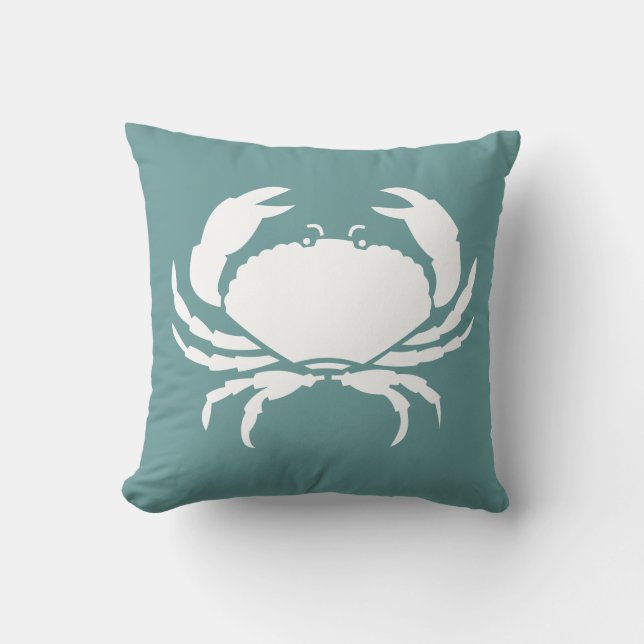 CRAB WHITE op donkerblauw blauwgroen kussen (Voorkant)