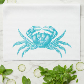 Crab Woodblock Print Artisan Style Aqua Blue Theedoek
